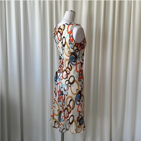 Vintage Y2K Lapis 100% Silk Geometric Print Dress Ruffle Neckline Retro Medium. - Picture 2 of 7